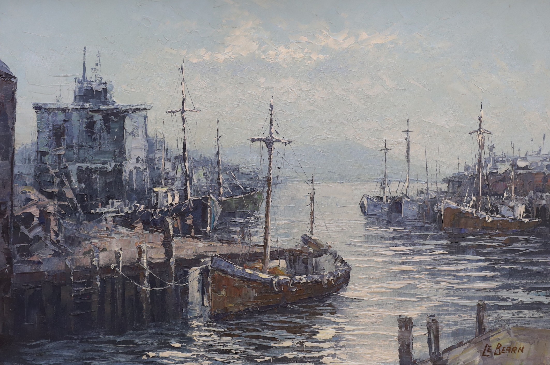 L.E. Bearn, oil on canvas, Fishing boats in harbour, 50 x 75cm and an oil of sailing ships by Alexis, 50 x 60cm